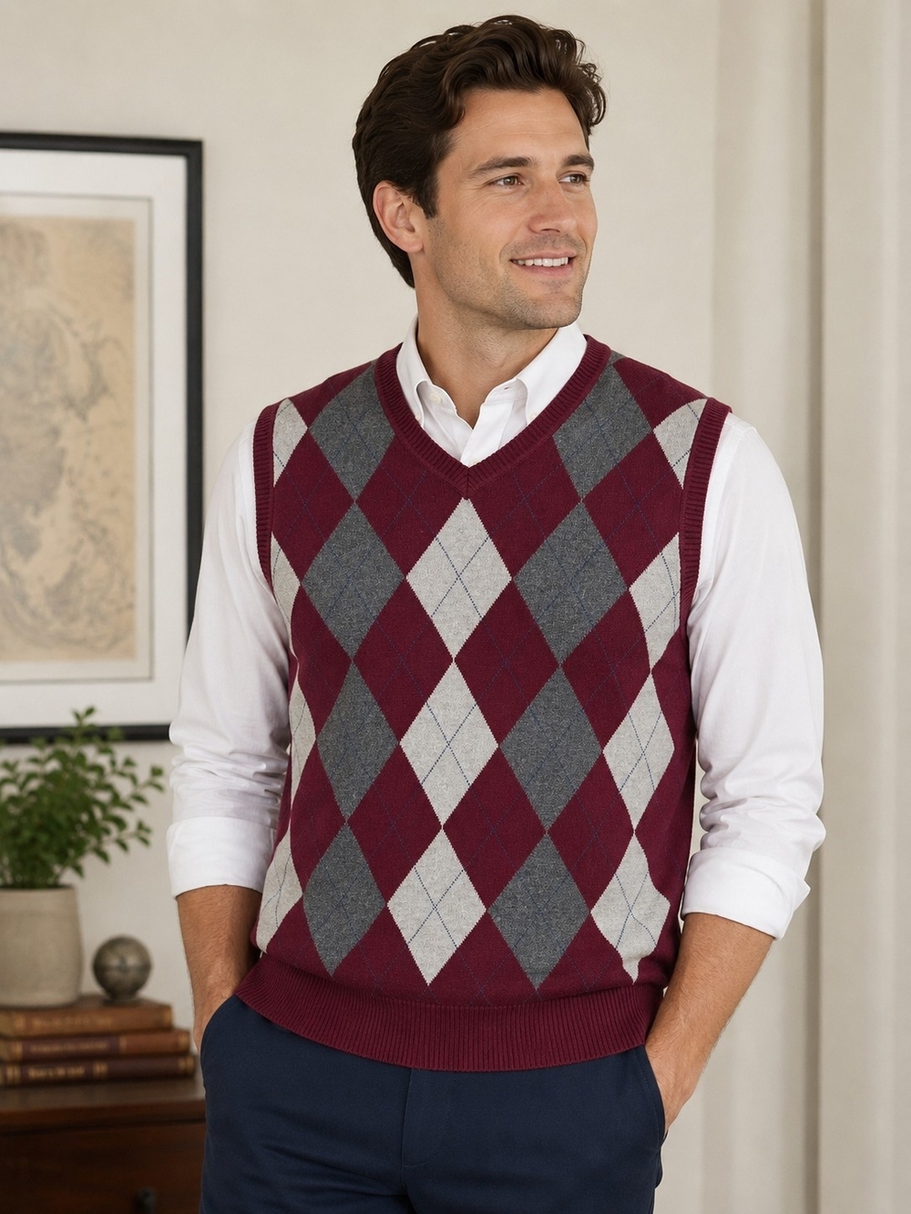 Club Room Men's Argyle Sweater Vest Burgundy Gray V-Neck 100% Cotton Size L